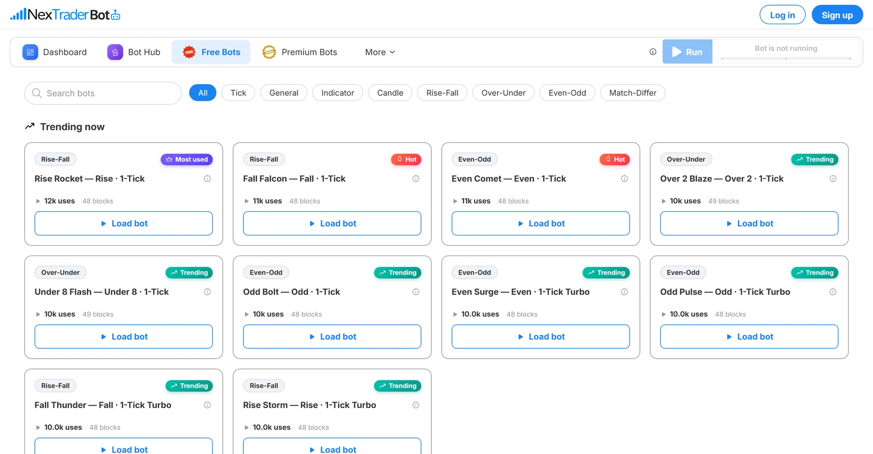 The free Deriv bot library with a search box, category filters and trending bot cards showing use counts and block counts